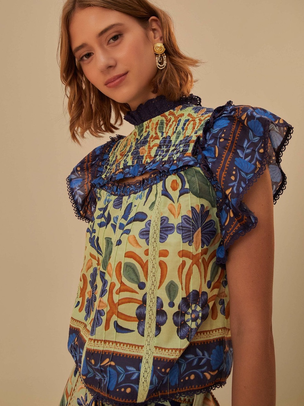 EUC FARM RIO Green Ocean Tapestry Lace Blouse